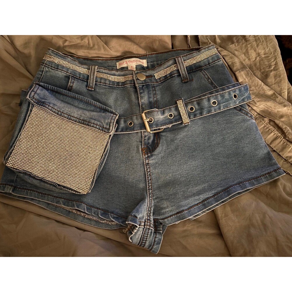 Hot & Delicious Shorts Womens Size Small 26x1.5 Blue Rhinestone Belt Pouch
